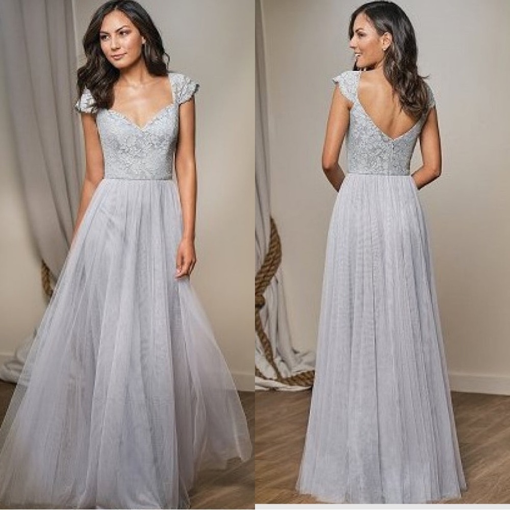 Belsoie | Gray Lace Soft‎ Tulle Cap Sleeve Bridesmaid Dress L204007 Plus Size 14